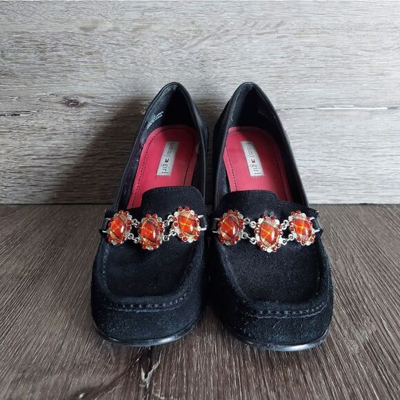 TOMMY GIRL BLACK SUEDE JEWELED HIGH HEEL LOAFERS 3.25" STACKED HEEL 7 - Picture 2 of 9